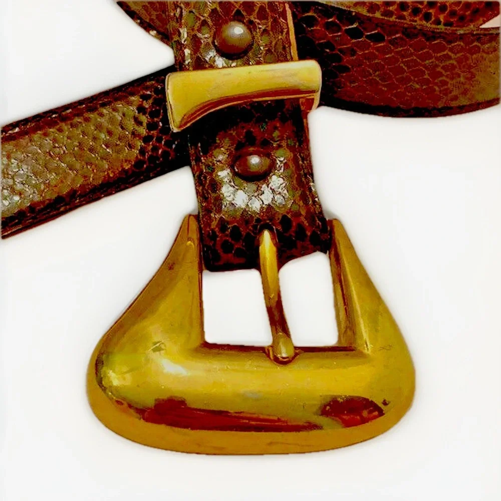 VTG Brown Snakeskin Belt Womens S Leather Gold Chunky Buckle Western Boho Retro
